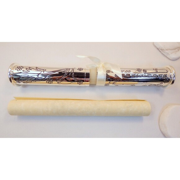 Beautiful Silver Plate Birth Certificate Holder w/Stand plus Blank Certificate - Picture 5 of 9